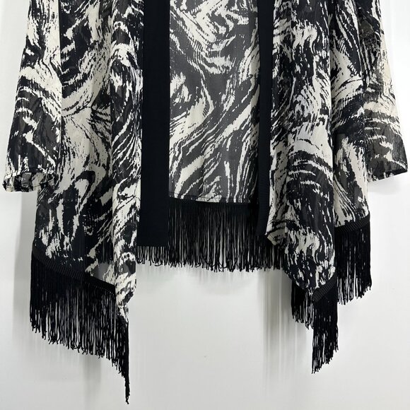 R&M Richards Sheer Jacket Top Open Cardigan Fringe Abstract Print Black Cream - Picture 7 of 8